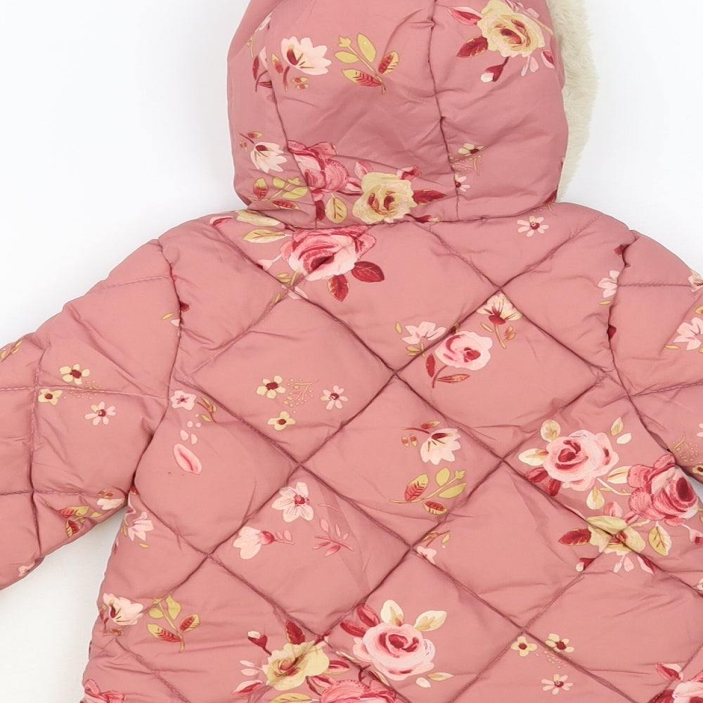 George Baby Pink Floral Quilted Jacket Size 9-12 Months Zip - Fluffy Lining Mittens
