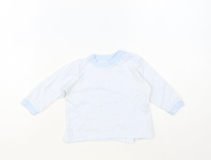 Marks and Spencer Baby Blue Striped Cotton Basic T-Shirt Size 3-6 Months Crew Neck Snap - Bear Print