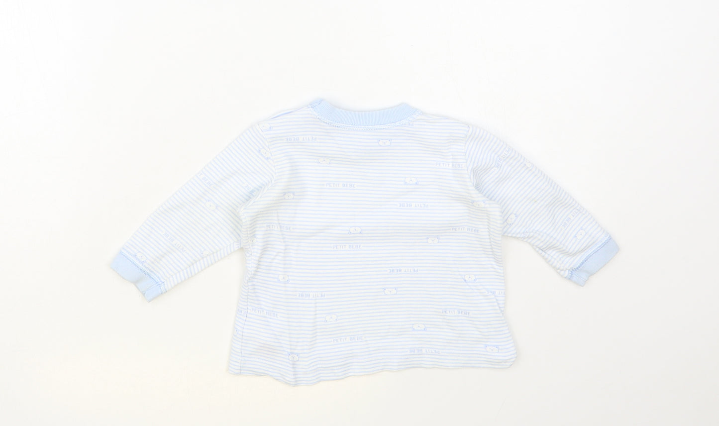 Marks and Spencer Baby Blue Striped Cotton Basic T-Shirt Size 3-6 Months Crew Neck Snap - Bear Print
