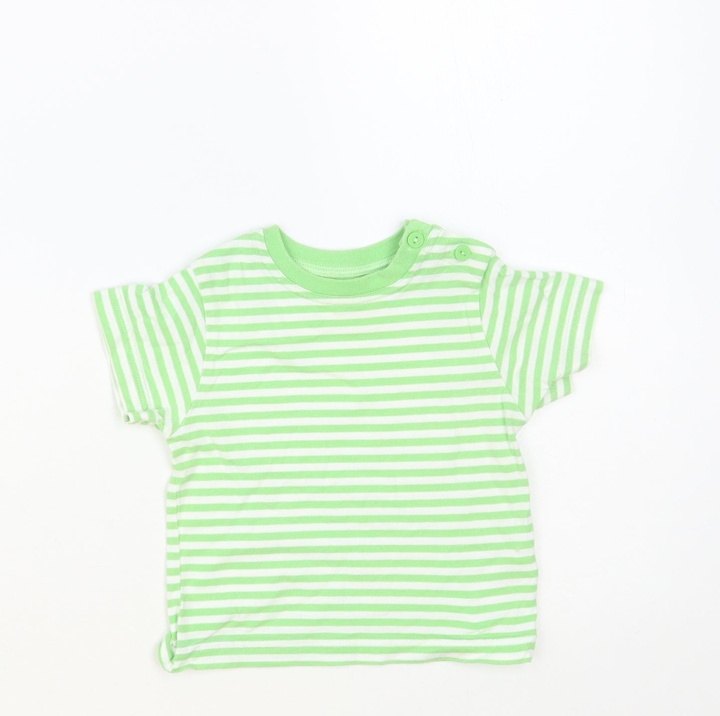 Marks and Spencer Baby Green Striped Cotton Basic T-Shirt Size 9-12 Months Crew Neck Button