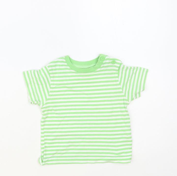 Marks and Spencer Baby Green Striped Cotton Basic T-Shirt Size 9-12 Months Crew Neck Button