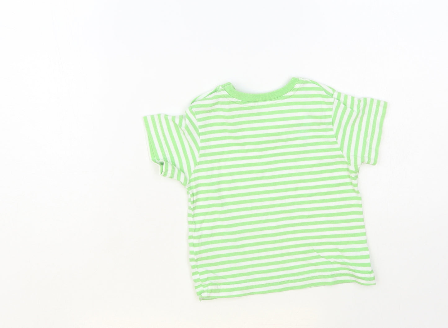 Marks and Spencer Baby Green Striped Cotton Basic T-Shirt Size 9-12 Months Crew Neck Button