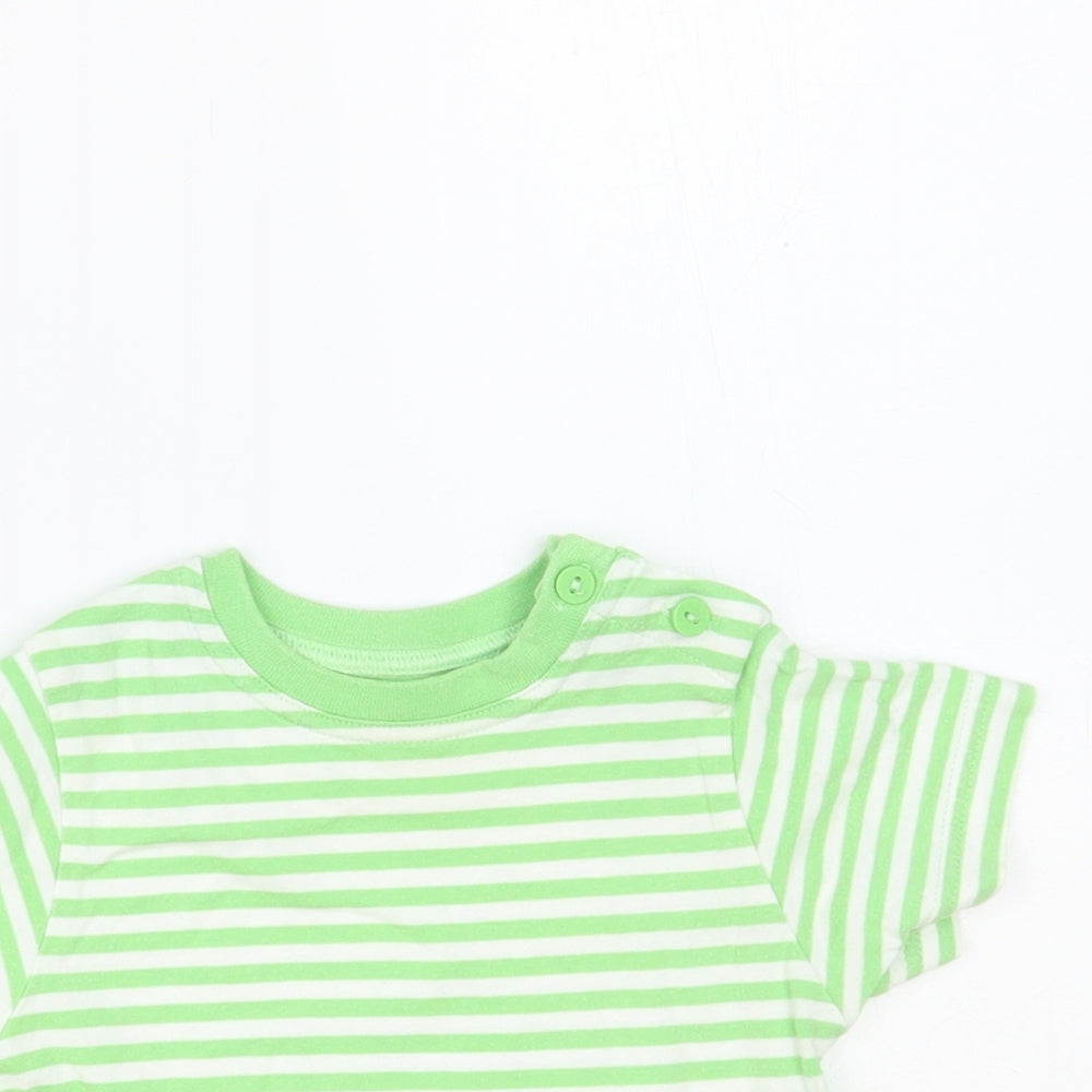 Marks and Spencer Baby Green Striped Cotton Basic T-Shirt Size 9-12 Months Crew Neck Button