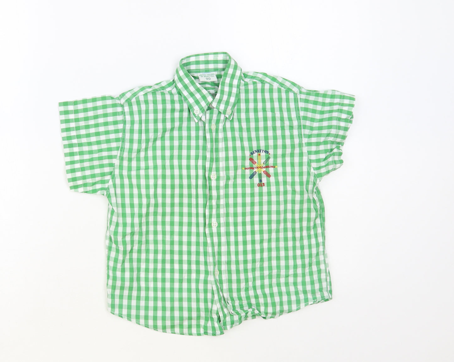 United Colors of Benetton Boys Green Gingham Cotton Basic Button-Up Size 2 Years Collared Button