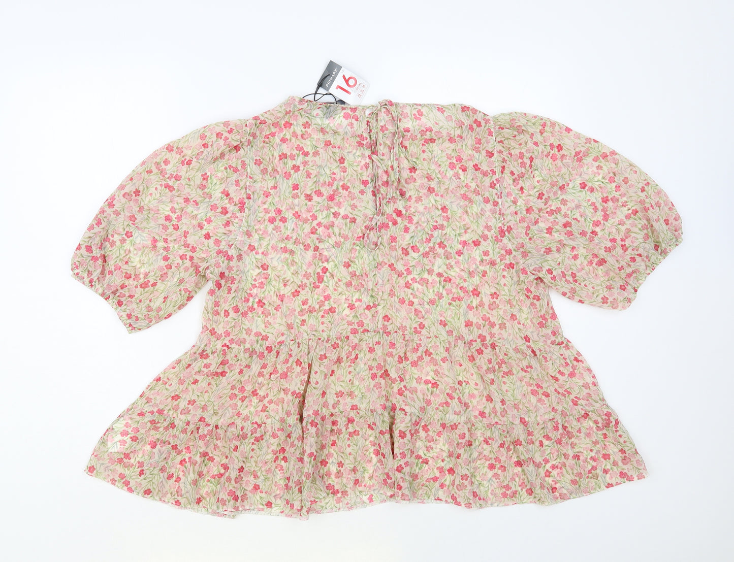 Primark Womens Beige Floral Polyester Basic Blouse Size 16 Round Neck