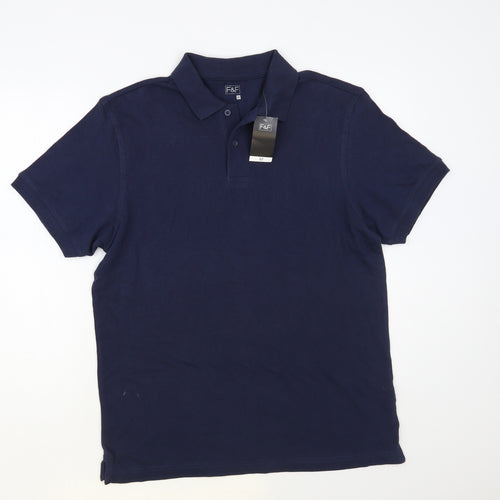 F&F Mens Blue Cotton Polo Size M Collared Button