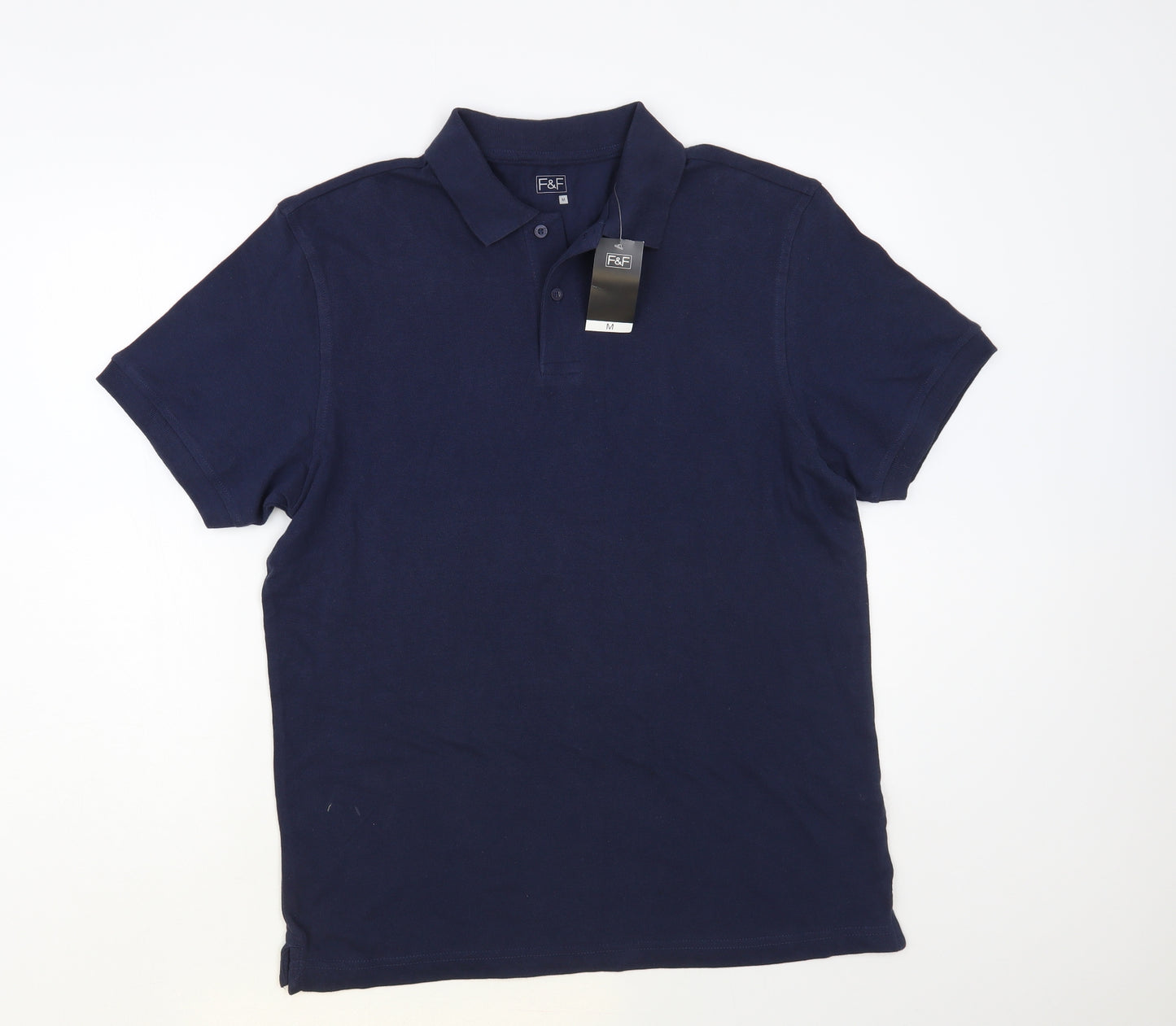 F&F Mens Blue Cotton Polo Size M Collared Button