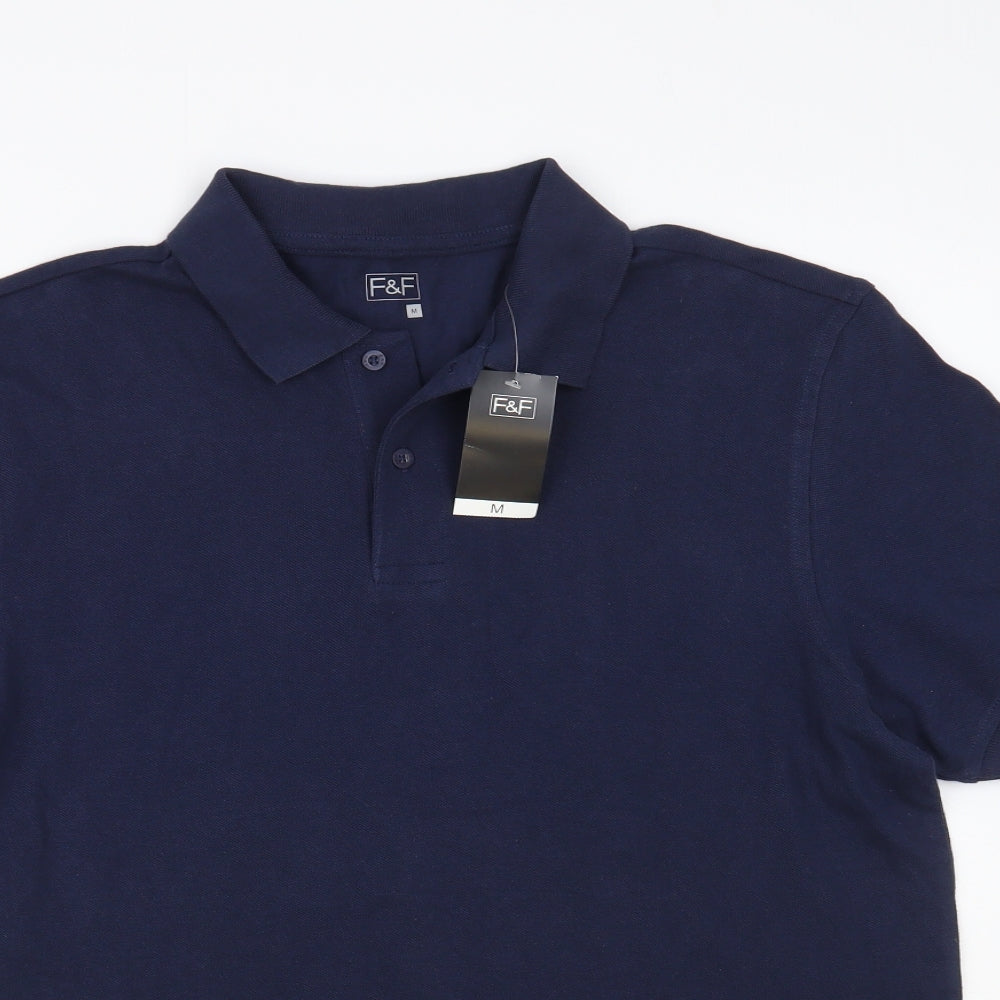 F&F Mens Blue Cotton Polo Size M Collared Button