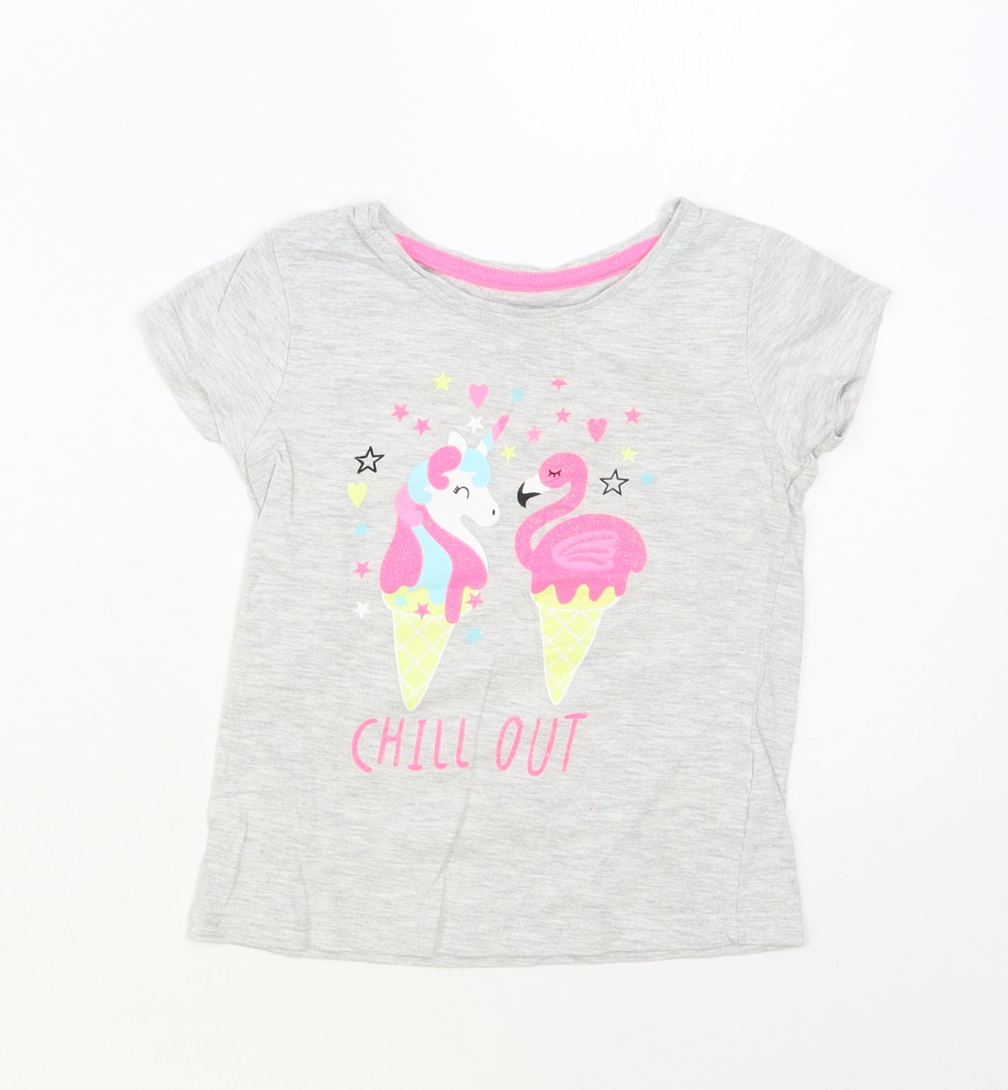 Primark Girls Grey Cotton Pullover T-Shirt Size 4-5 Years Crew Neck Pullover - Unicorn & Flamingo