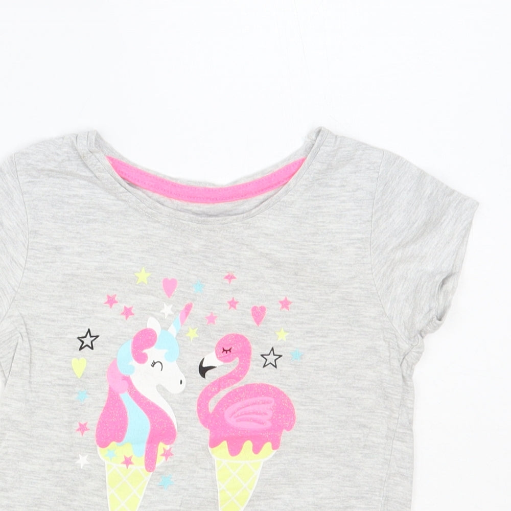 Primark Girls Grey Cotton Pullover T-Shirt Size 4-5 Years Crew Neck Pullover - Unicorn & Flamingo