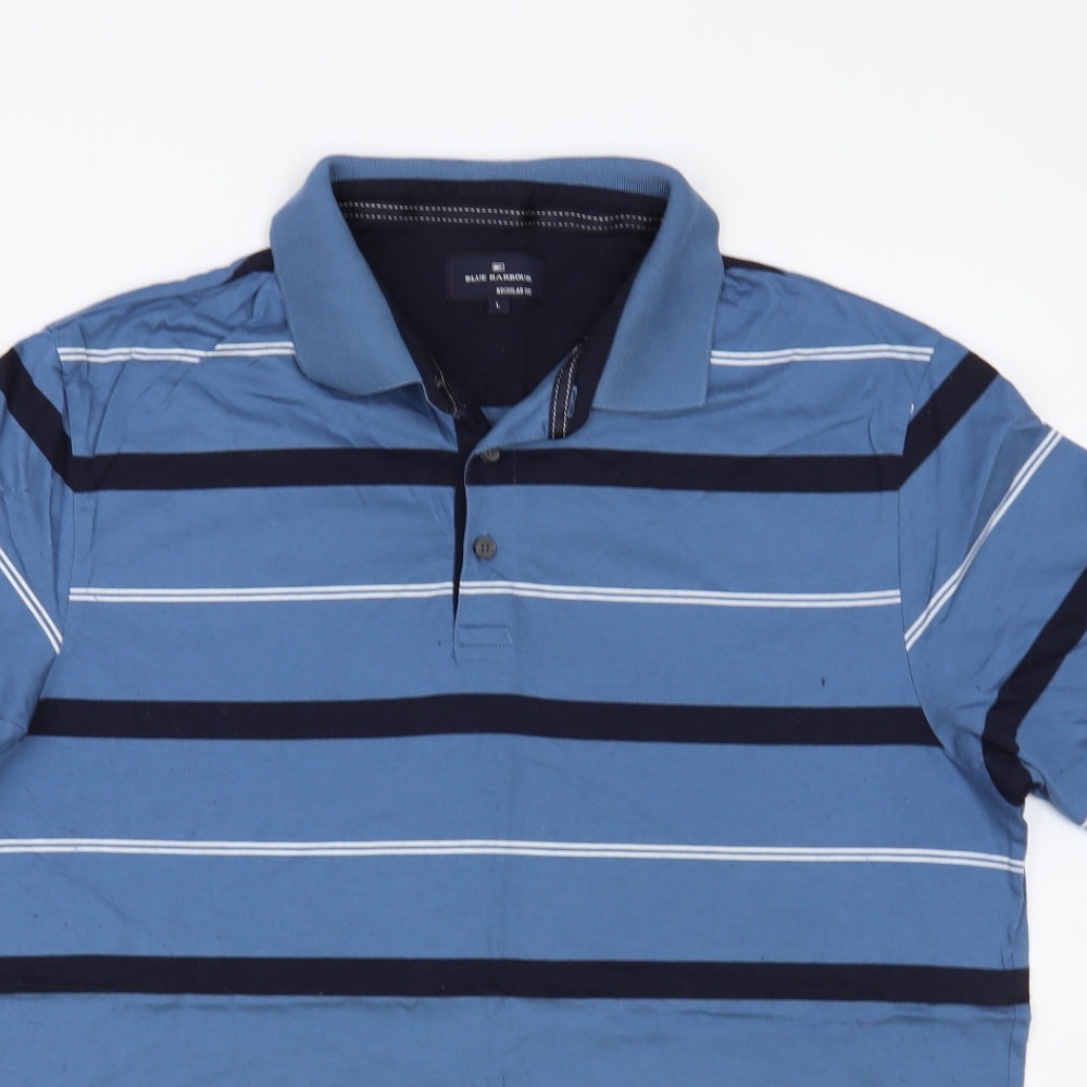 Blue Harbour Mens Blue Striped Cotton Polo Size L Collared Button