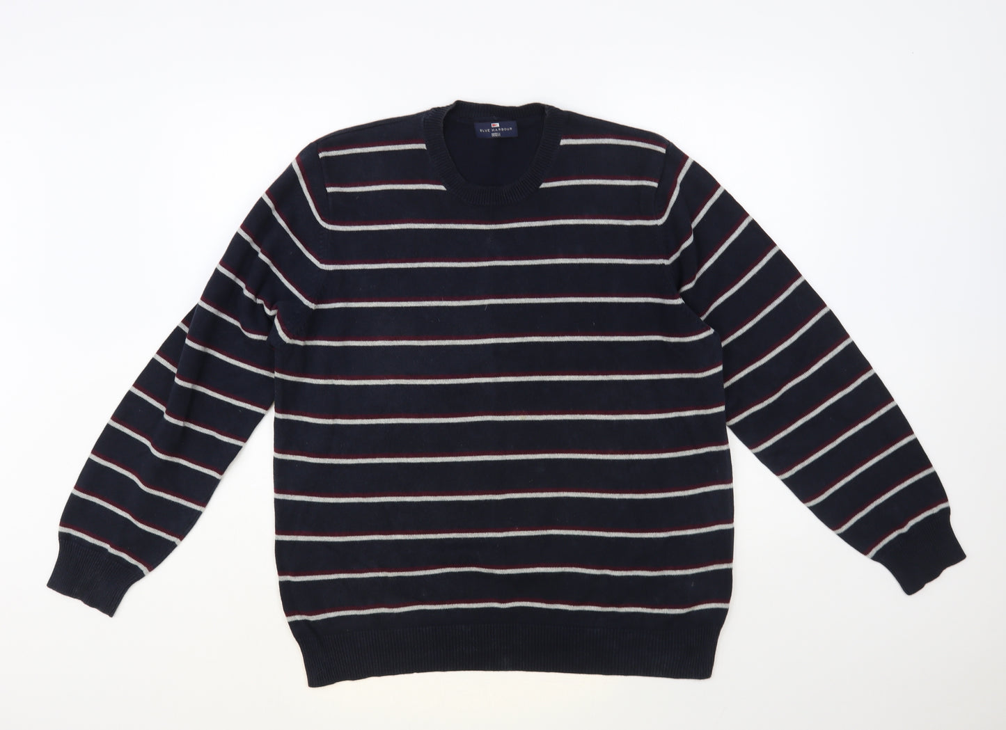 Blue Harbour Mens Blue Crew Neck Striped Cotton Pullover Jumper Size L