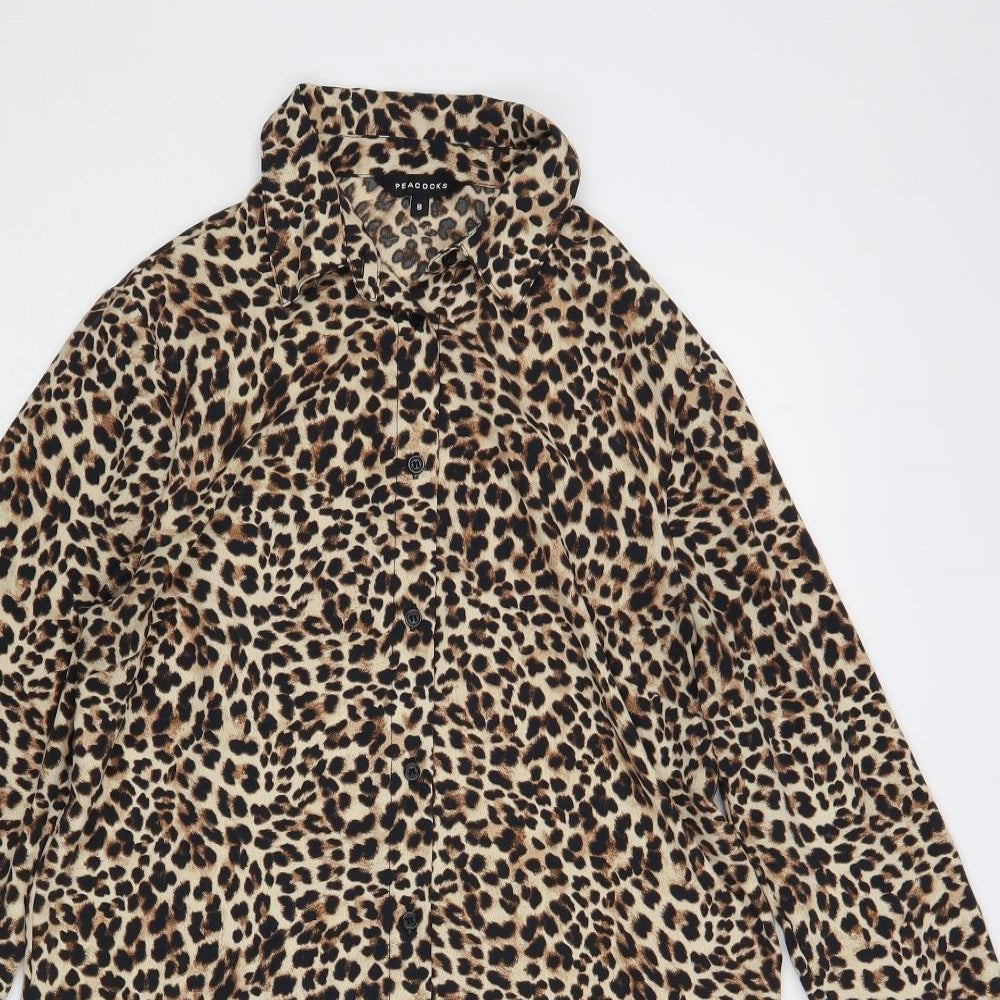 Peacocks Womens Brown Animal Print Polyester Basic Button-Up Size 8 Collared - Leopard Print