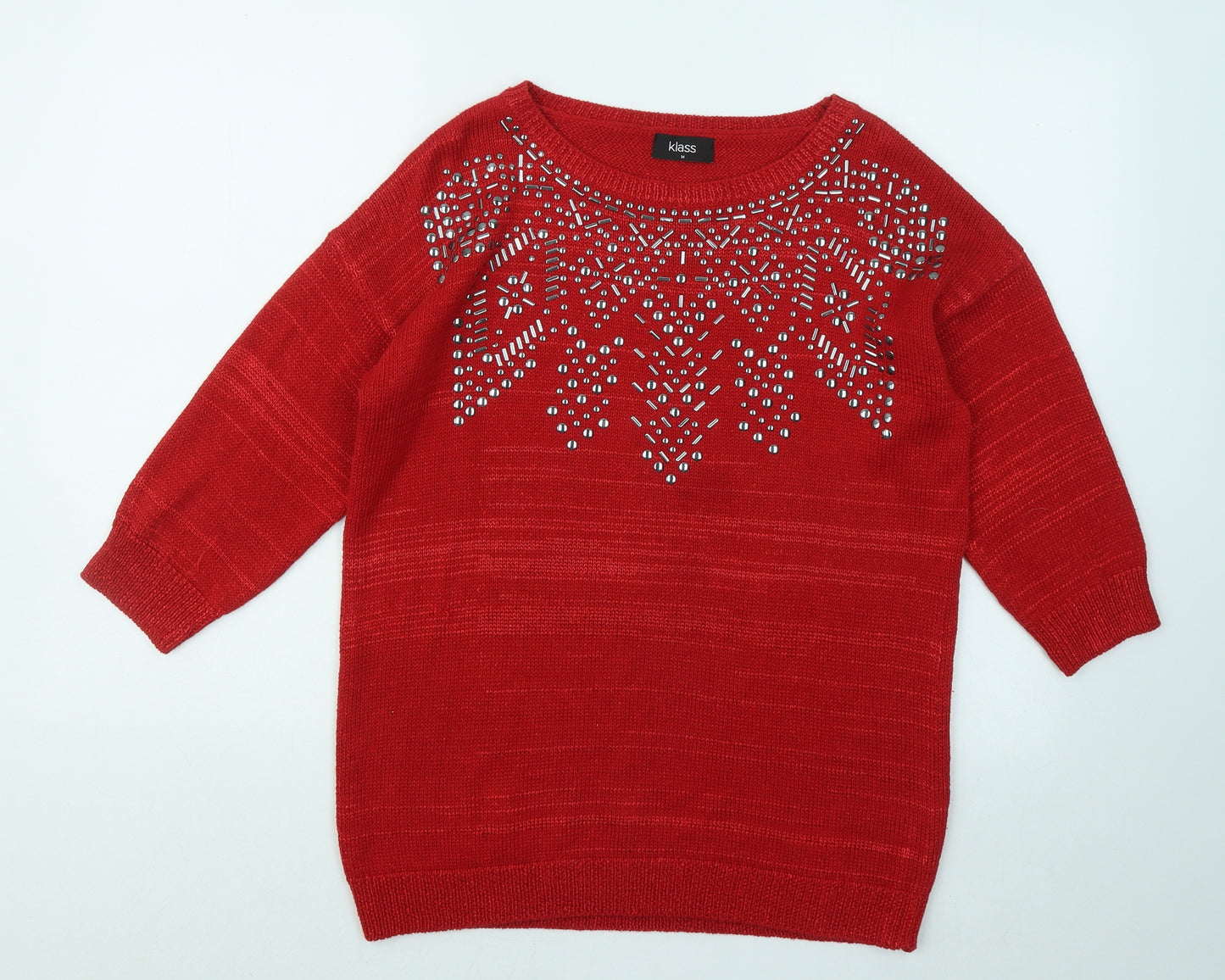 Klass Womens Red Round Neck Geometric Cotton Pullover Jumper Size M