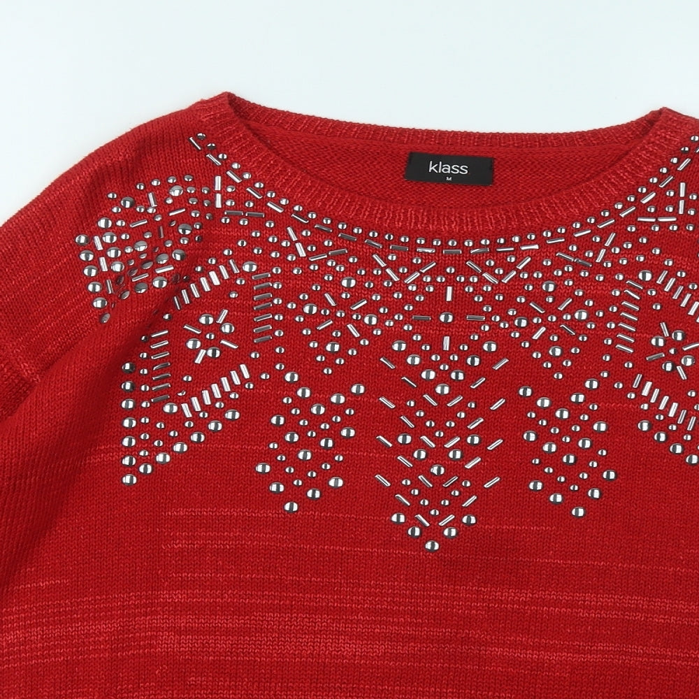 Klass Womens Red Round Neck Geometric Cotton Pullover Jumper Size M