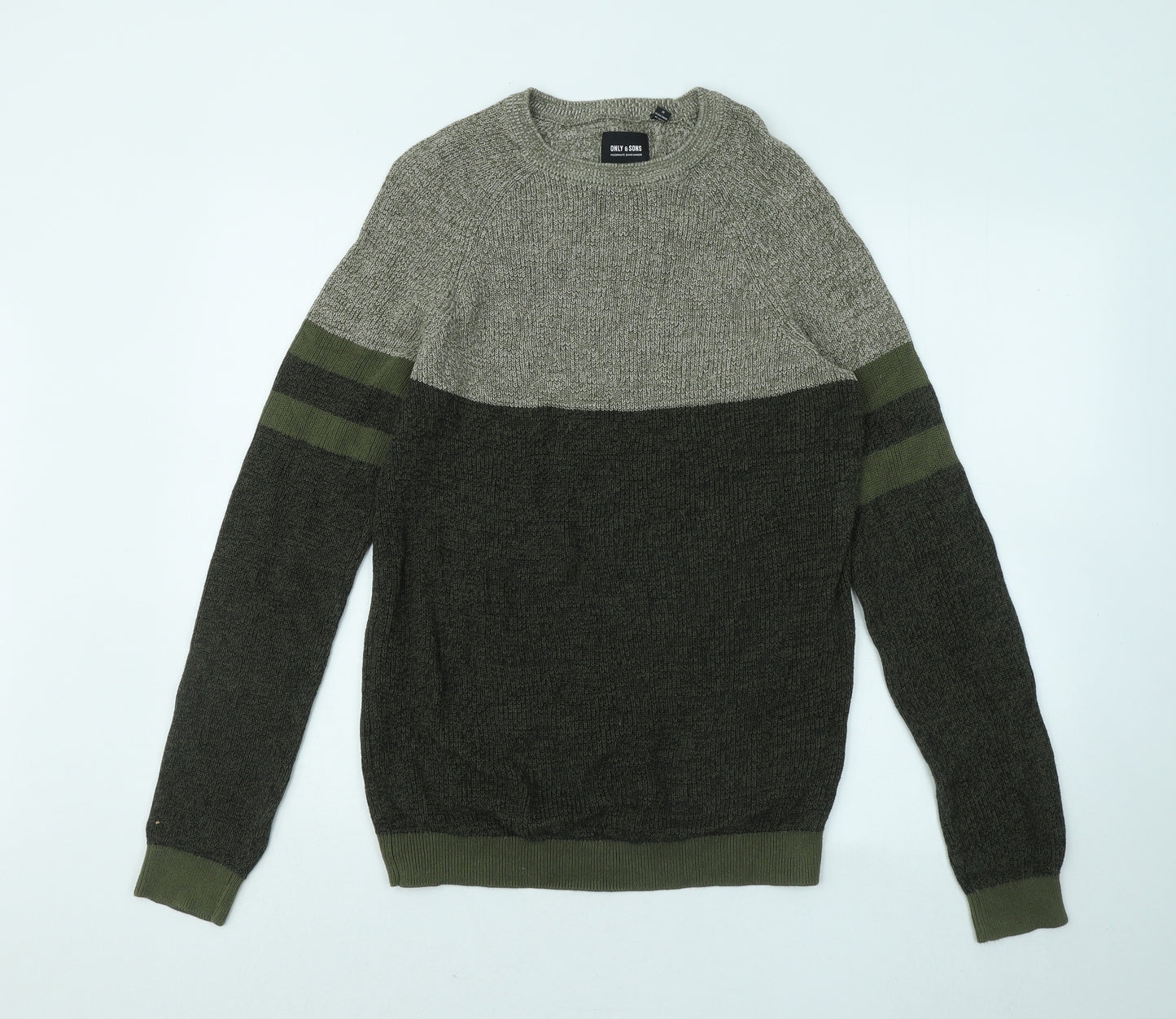 ONLY & SONS Mens Green Round Neck Cotton Pullover Jumper Size M