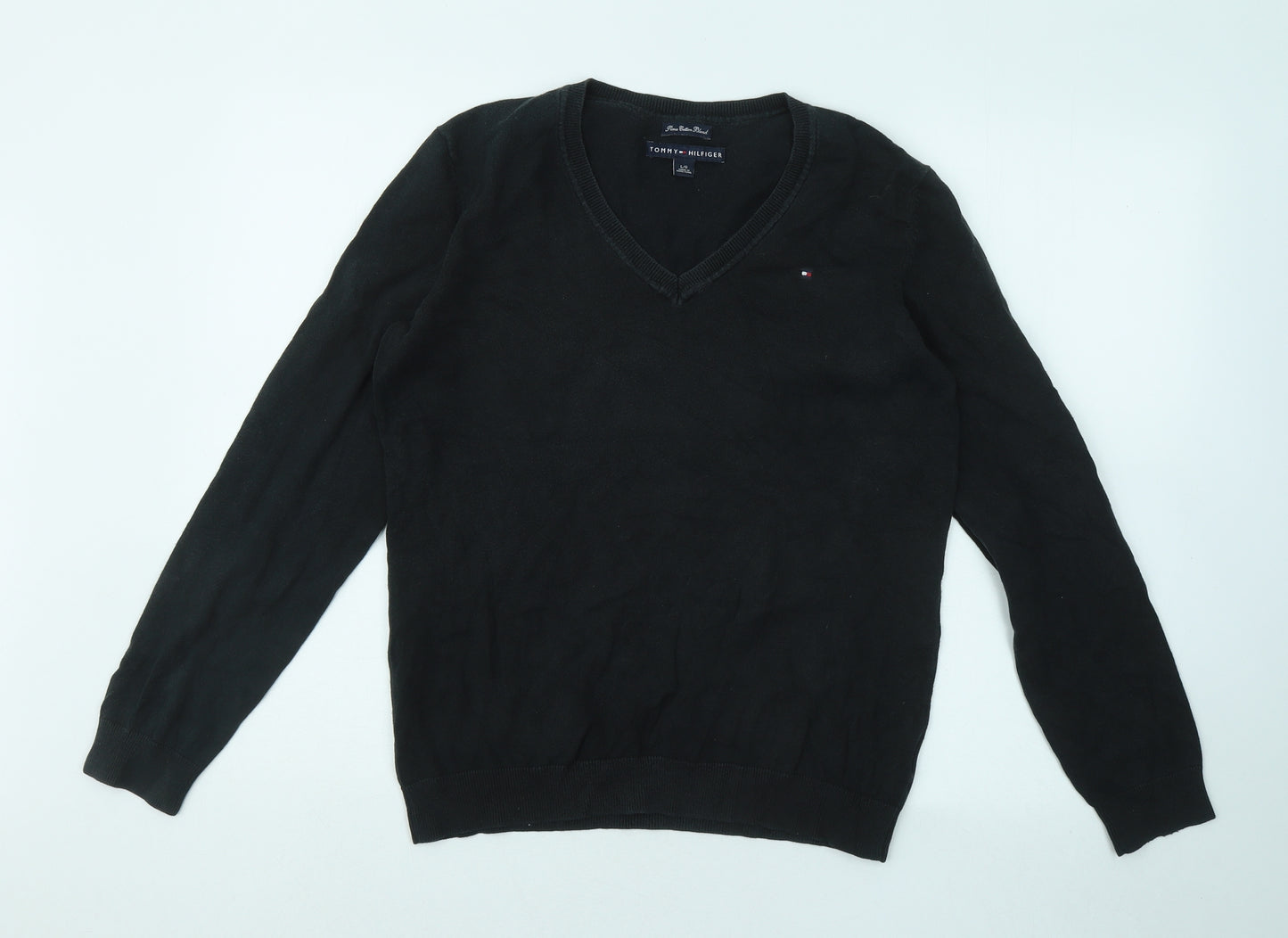 Tommy Hilfiger Womens Black V-Neck Cotton Pullover Jumper Size L