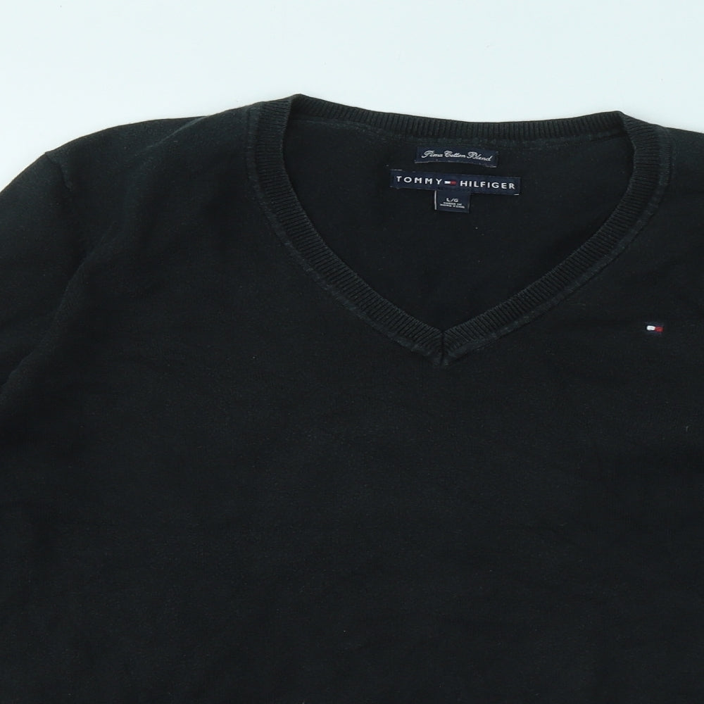 Tommy Hilfiger Womens Black V-Neck Cotton Pullover Jumper Size L