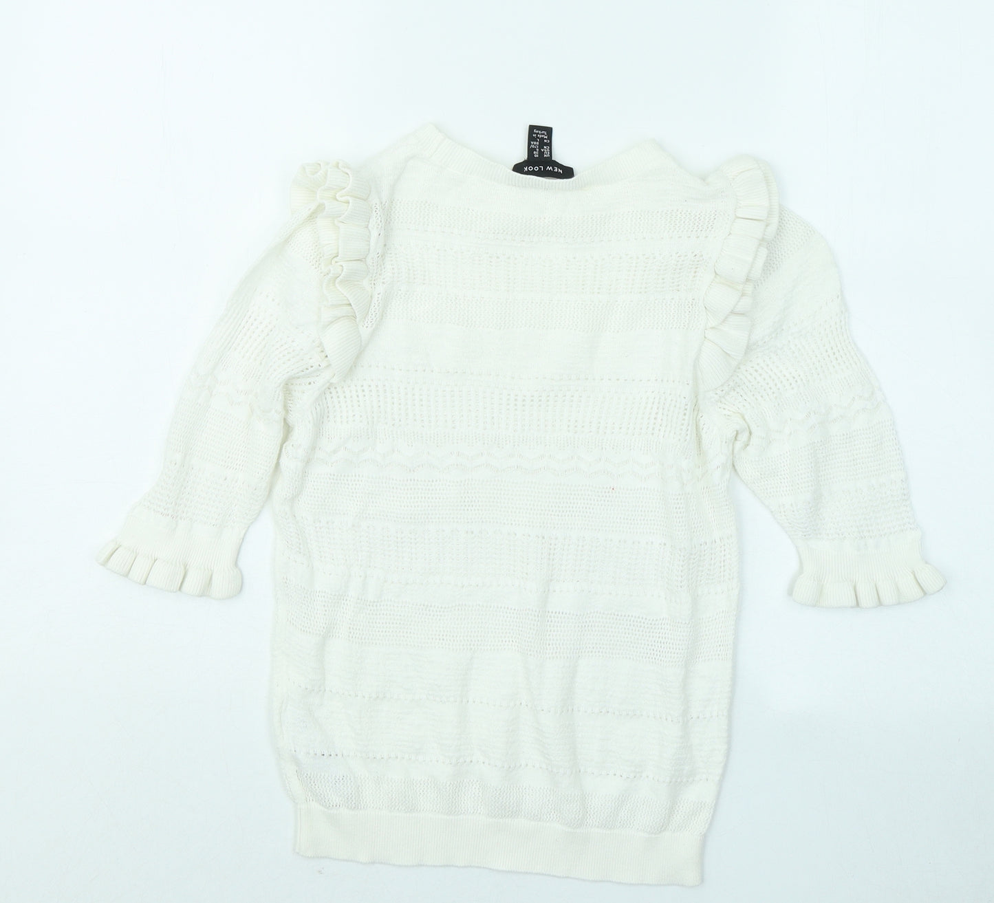 New Look Womens White Round Neck Geometric Cotton Pullover Jumper Size 10