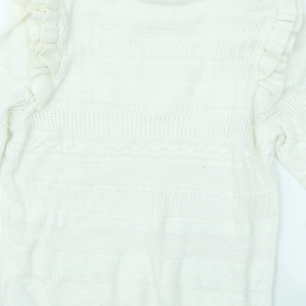 New Look Womens White Round Neck Geometric Cotton Pullover Jumper Size 10