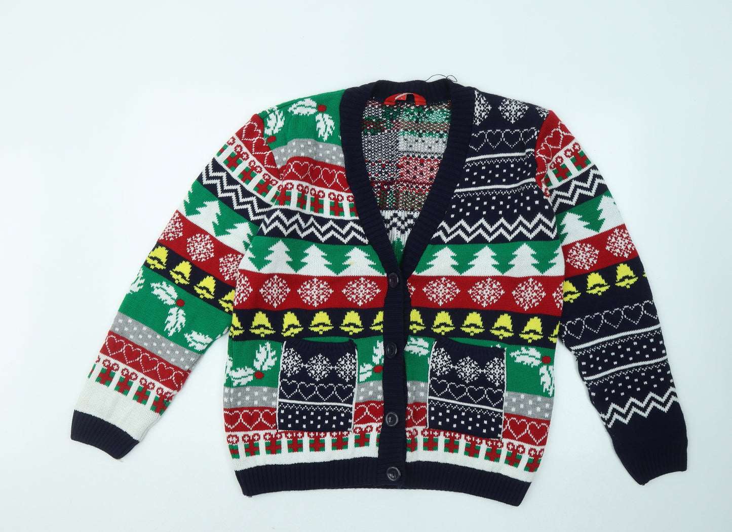 Made By Elves Mens Multicoloured V-Neck Geometric Acrylic Cardigan Jumper Size L - Christmas