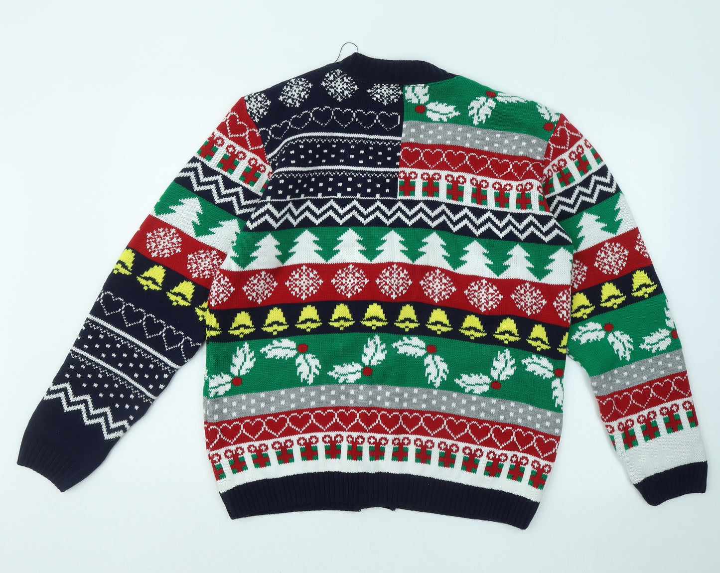 Made By Elves Mens Multicoloured V-Neck Geometric Acrylic Cardigan Jumper Size L - Christmas
