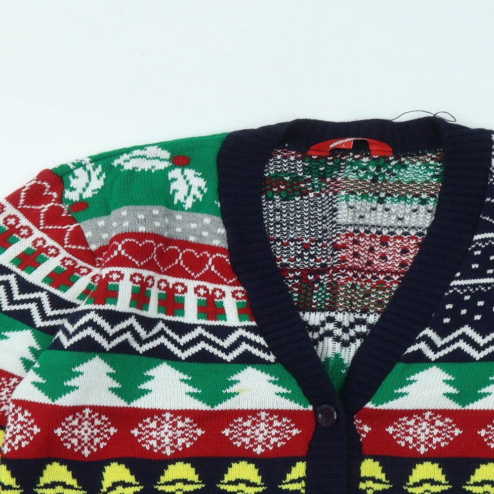Made By Elves Mens Multicoloured V-Neck Geometric Acrylic Cardigan Jumper Size L - Christmas