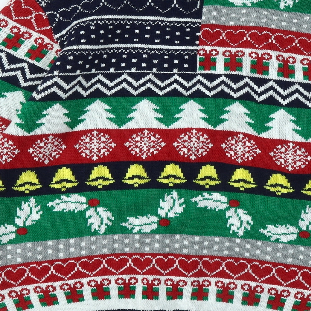 Made By Elves Mens Multicoloured V-Neck Geometric Acrylic Cardigan Jumper Size L - Christmas