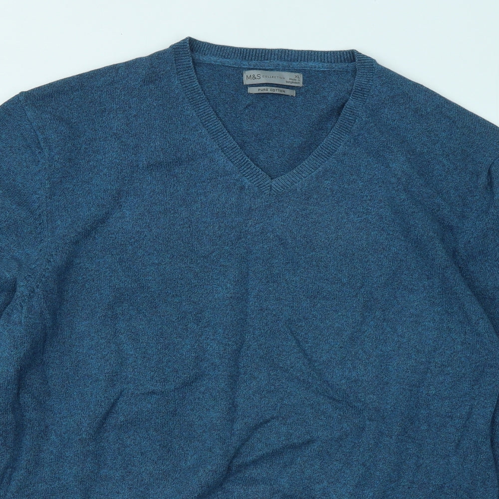 Marks and Spencer Mens Blue V-Neck Cotton Pullover Jumper Size XL