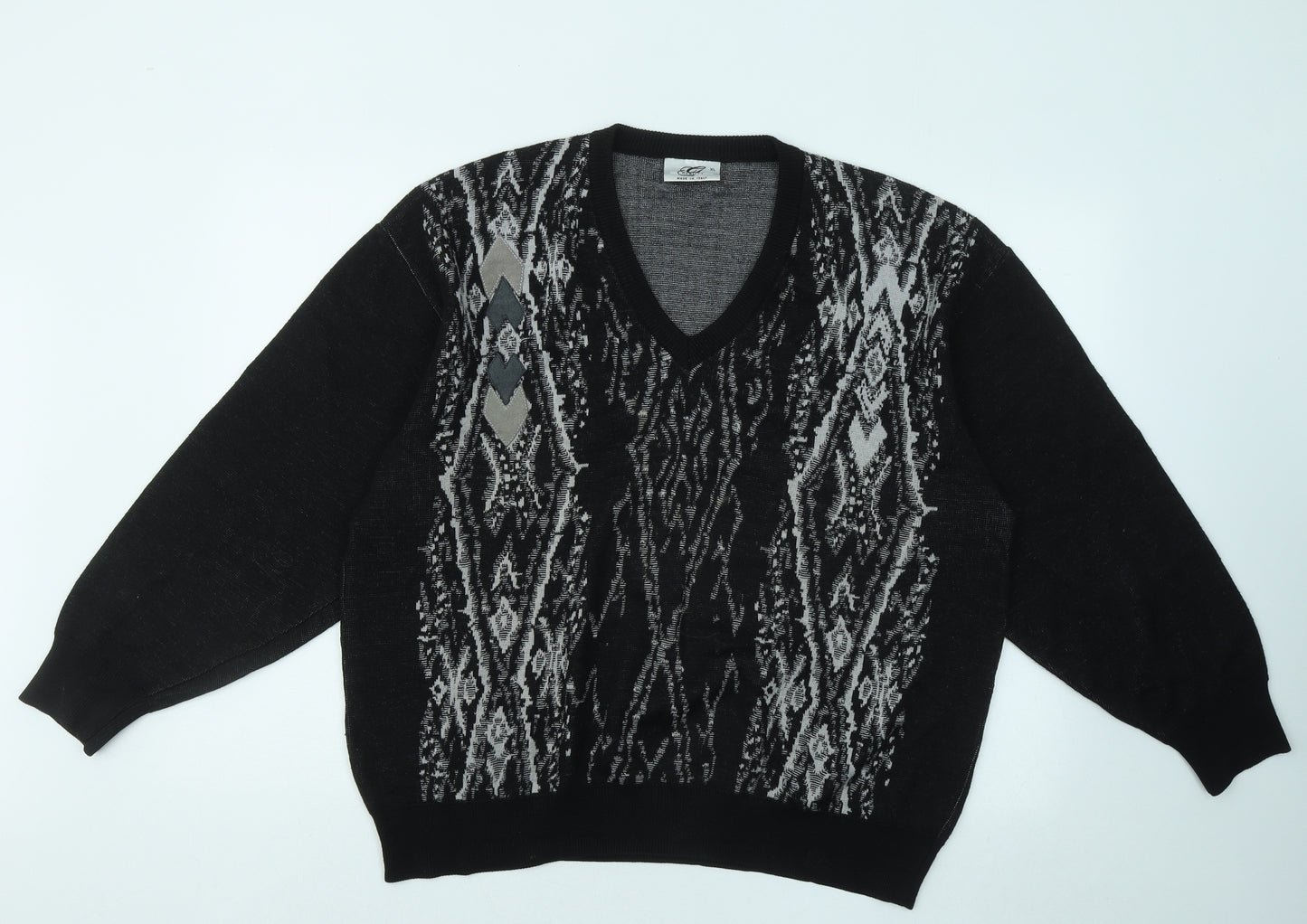 Gabicci Mens Black V-Neck Geometric Acrylic Pullover Jumper Size XL