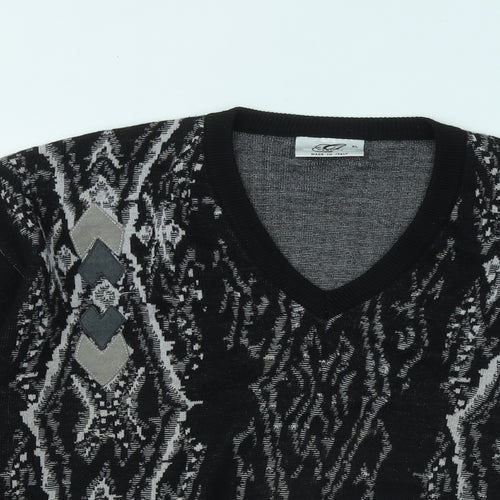 Gabicci Mens Black V-Neck Geometric Acrylic Pullover Jumper Size XL