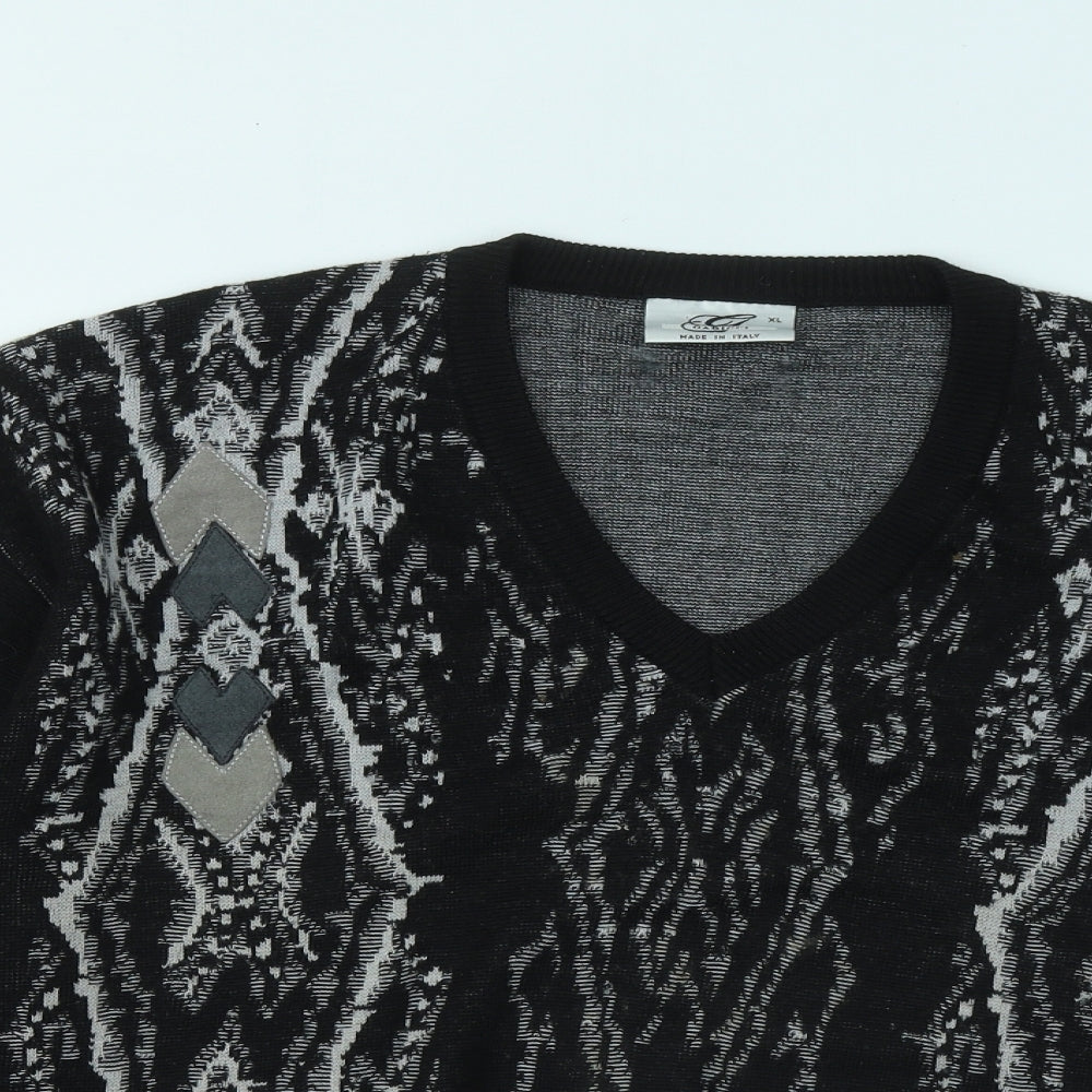 Gabicci Mens Black V-Neck Geometric Acrylic Pullover Jumper Size XL