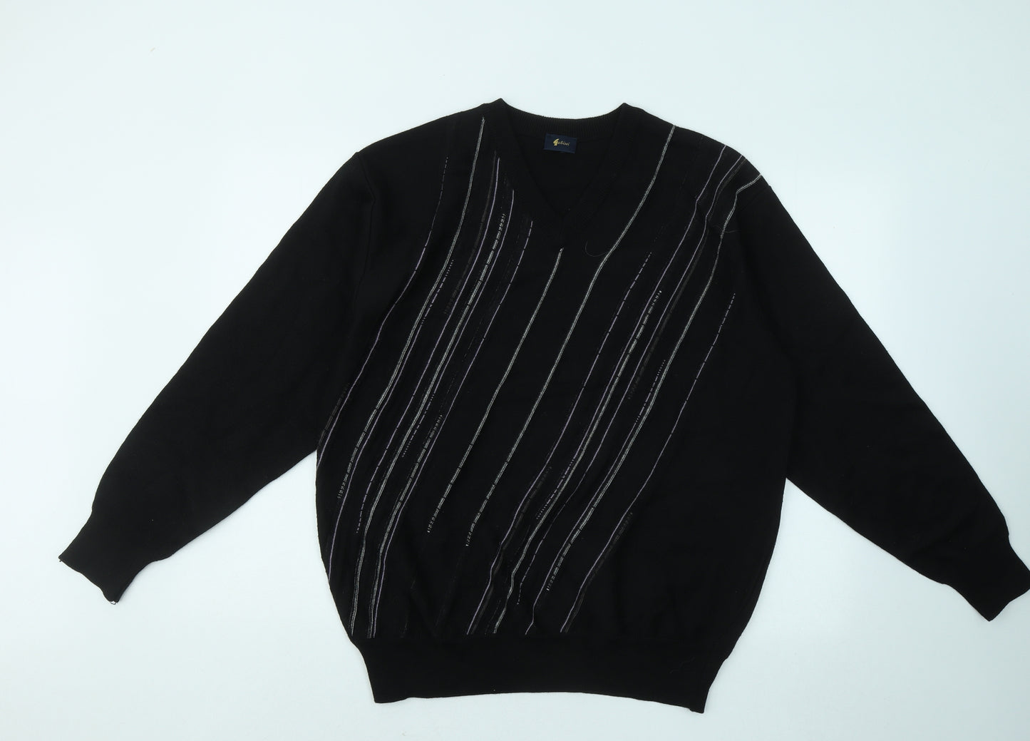 Gabicci Mens Black V-Neck Striped Wool Pullover Jumper Size XL