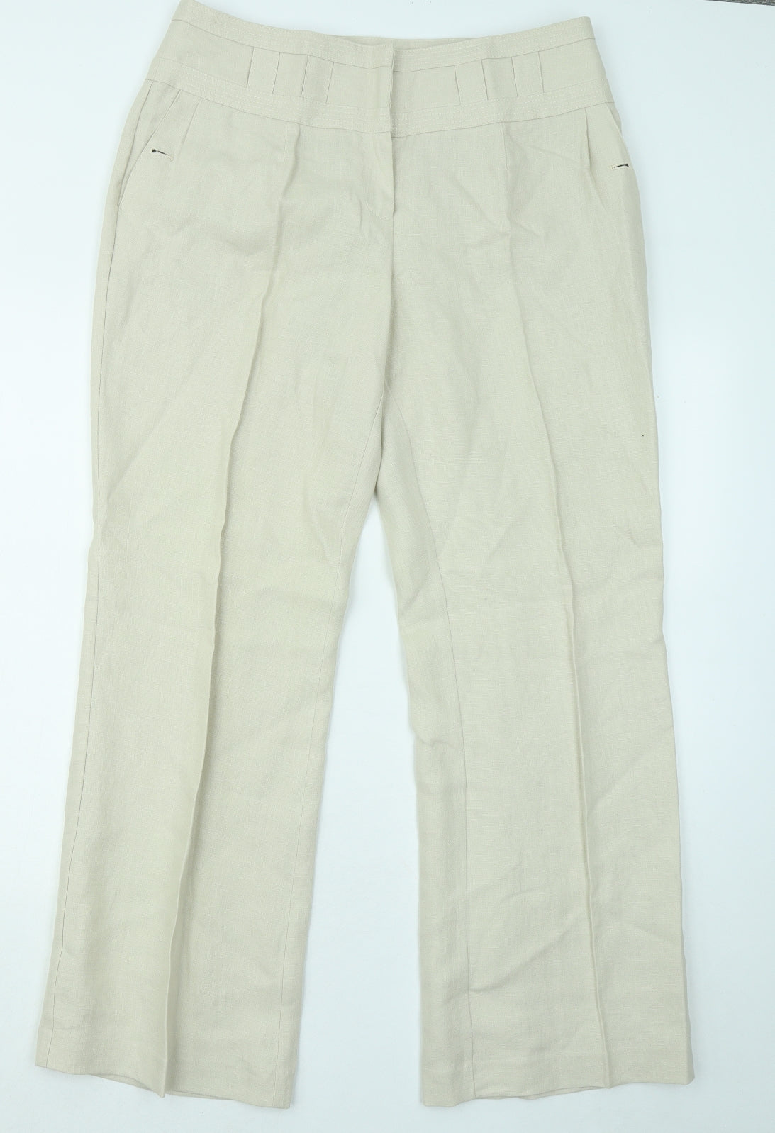 NEXT Womens Beige Linen Trousers Size 14 L26 in Regular Zip