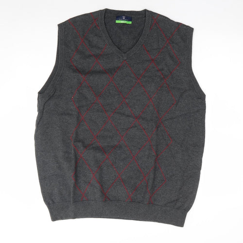 Marks and Spencer Mens Grey V-Neck Argyle/Diamond Cotton Vest Jumper Size XL