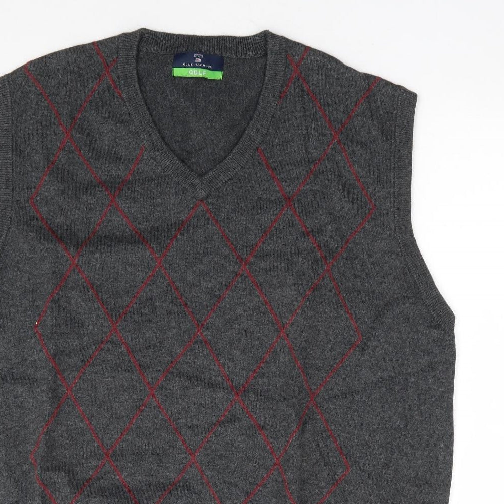 Marks and Spencer Mens Grey V-Neck Argyle/Diamond Cotton Vest Jumper Size XL