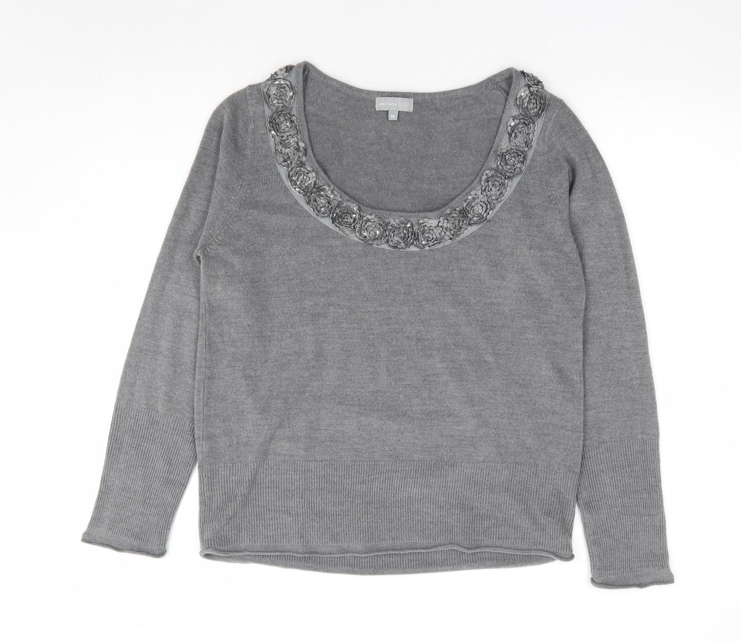 Per Una Womens Grey Scoop Neck Acrylic Pullover Jumper Size 16