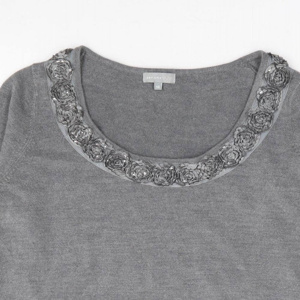 Per Una Womens Grey Scoop Neck Acrylic Pullover Jumper Size 16