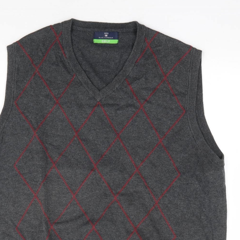Marks and Spencer Mens Grey V-Neck Argyle/Diamond Cotton Vest Jumper Size L