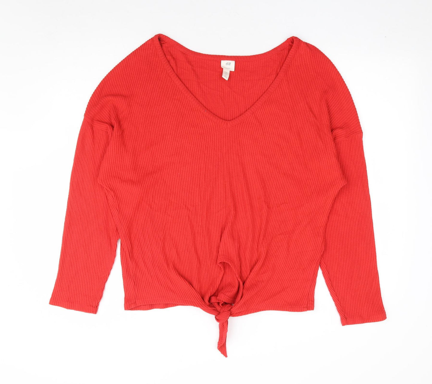 H&M Womens Red Viscose Jersey T-Shirt Size L V-Neck - Tie Front