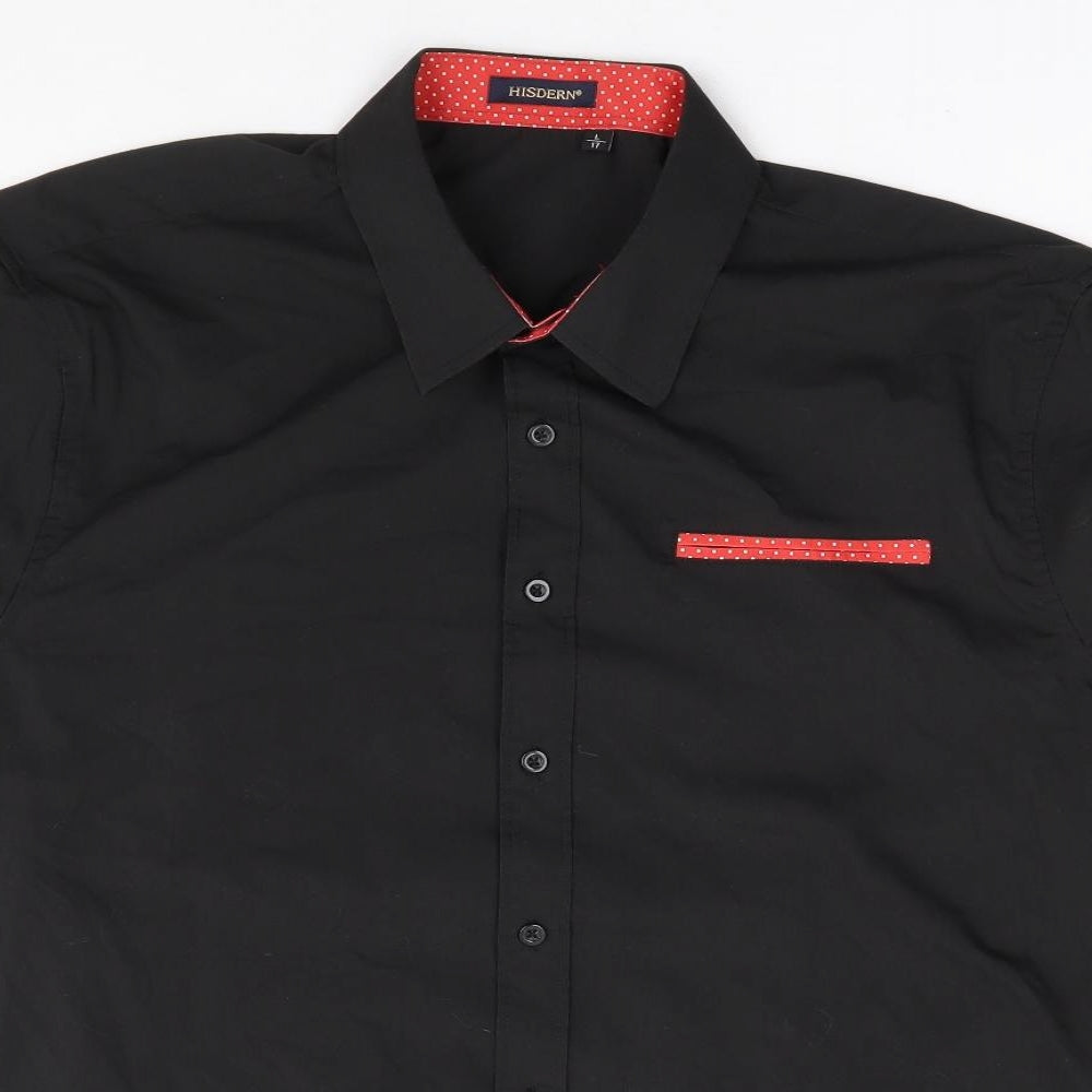Hisdern Mens Black Polyester Dress Shirt Size L Collared Button