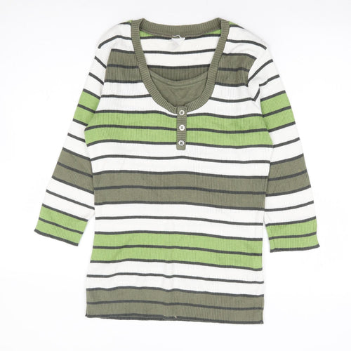 Leon Strick Womens Green Round Neck Striped Cotton Henley Jumper Size S