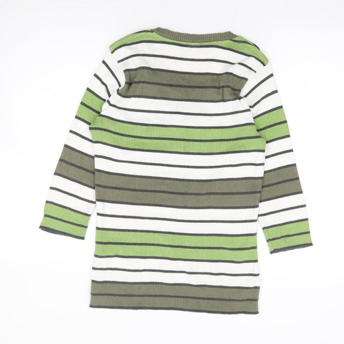 Leon Strick Womens Green Round Neck Striped Cotton Henley Jumper Size S