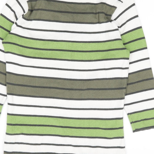 Leon Strick Womens Green Round Neck Striped Cotton Henley Jumper Size S