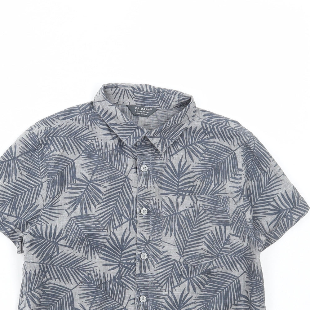 Primark Boys Grey Geometric Cotton Basic Button-Up Size 9-10 Years Collared Button - Leaf Print