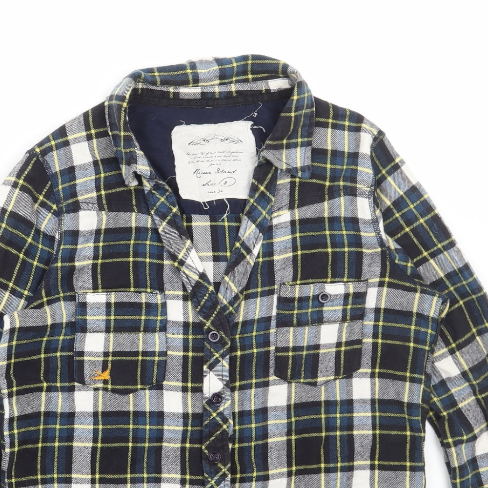 River Island Womens Blue Plaid Cotton Basic Button-Up Size 8 Collared
