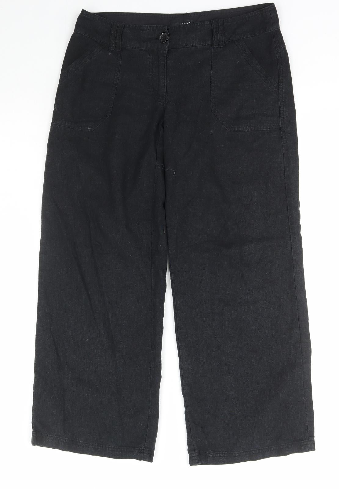 NEXT Womens Black Linen Trousers Size 10 L28 in Regular Button