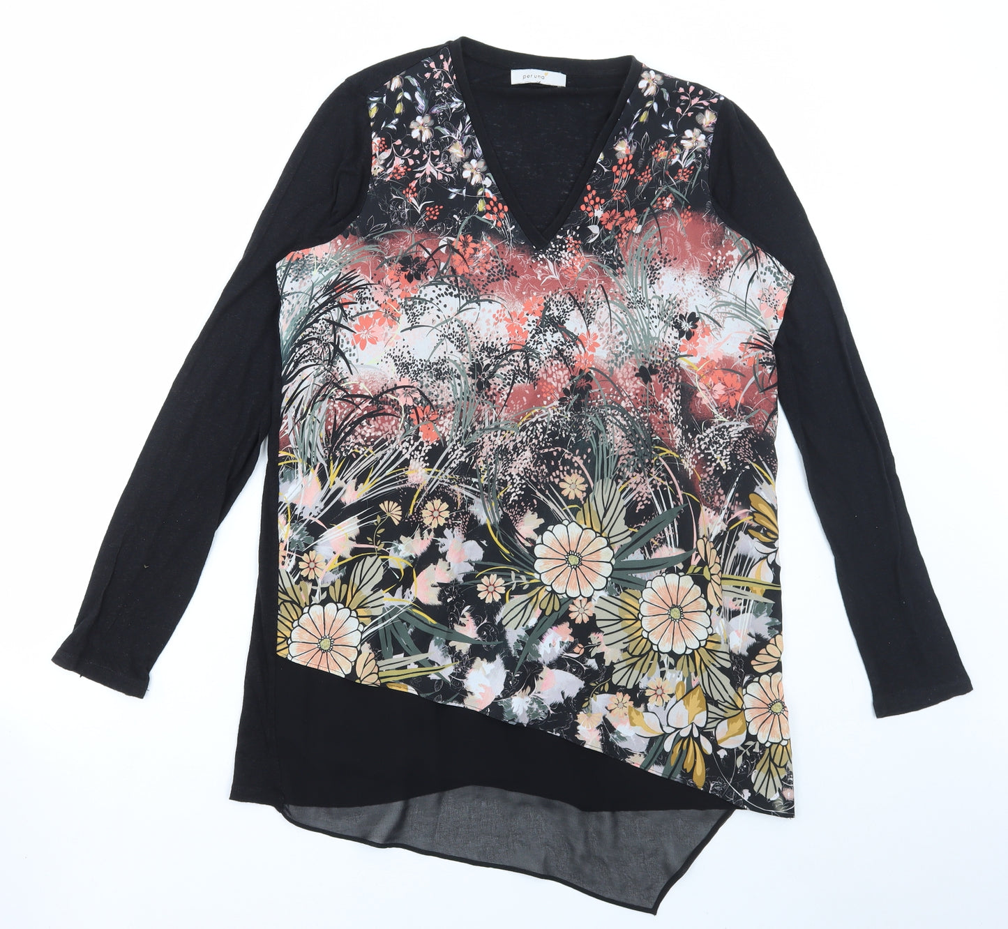 Marks and Spencer Womens Black Floral Polyester Basic T-Shirt Size 12 V-Neck