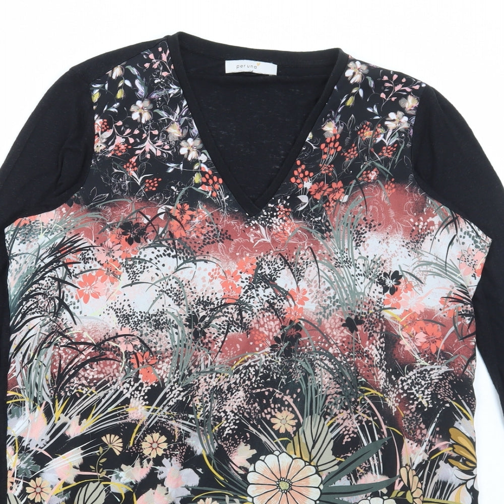 Marks and Spencer Womens Black Floral Polyester Basic T-Shirt Size 12 V-Neck