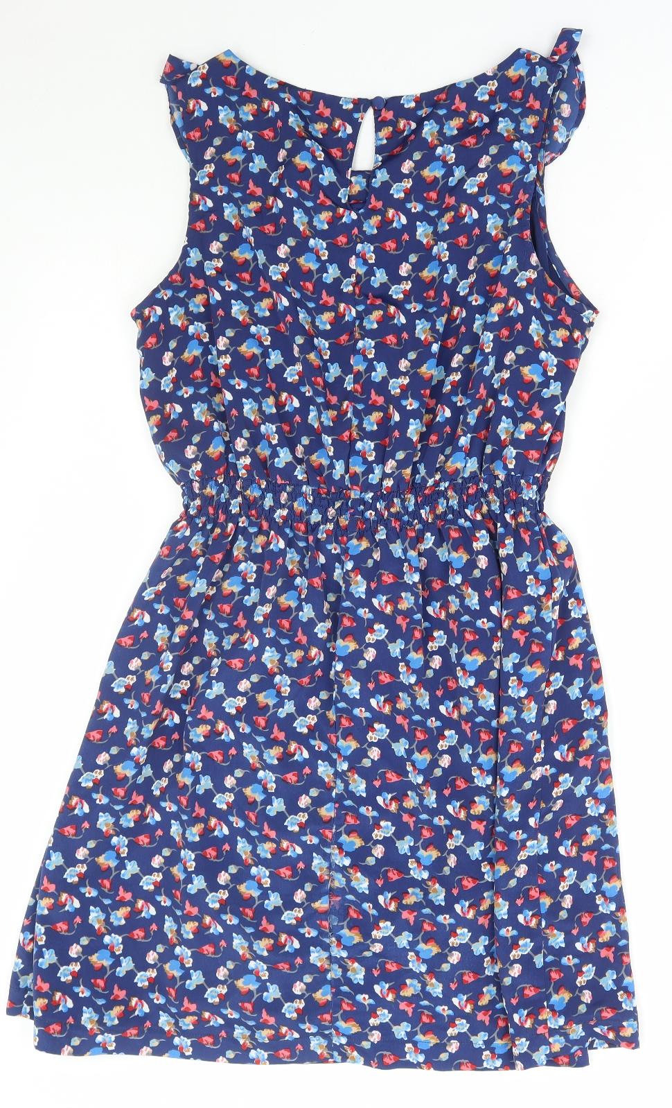 Savida Womens Blue Floral Polyester Fit & Flare Size 14 Round Neck Button